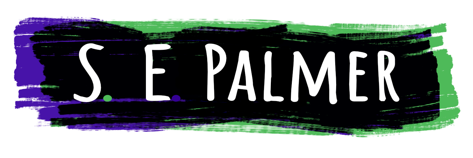 SE Palmer full length logo with green, purple and black background like paint strokes