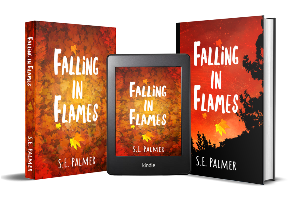 Book Mockup showing Falling in Flames as Kindle, Paperback and Hardback.