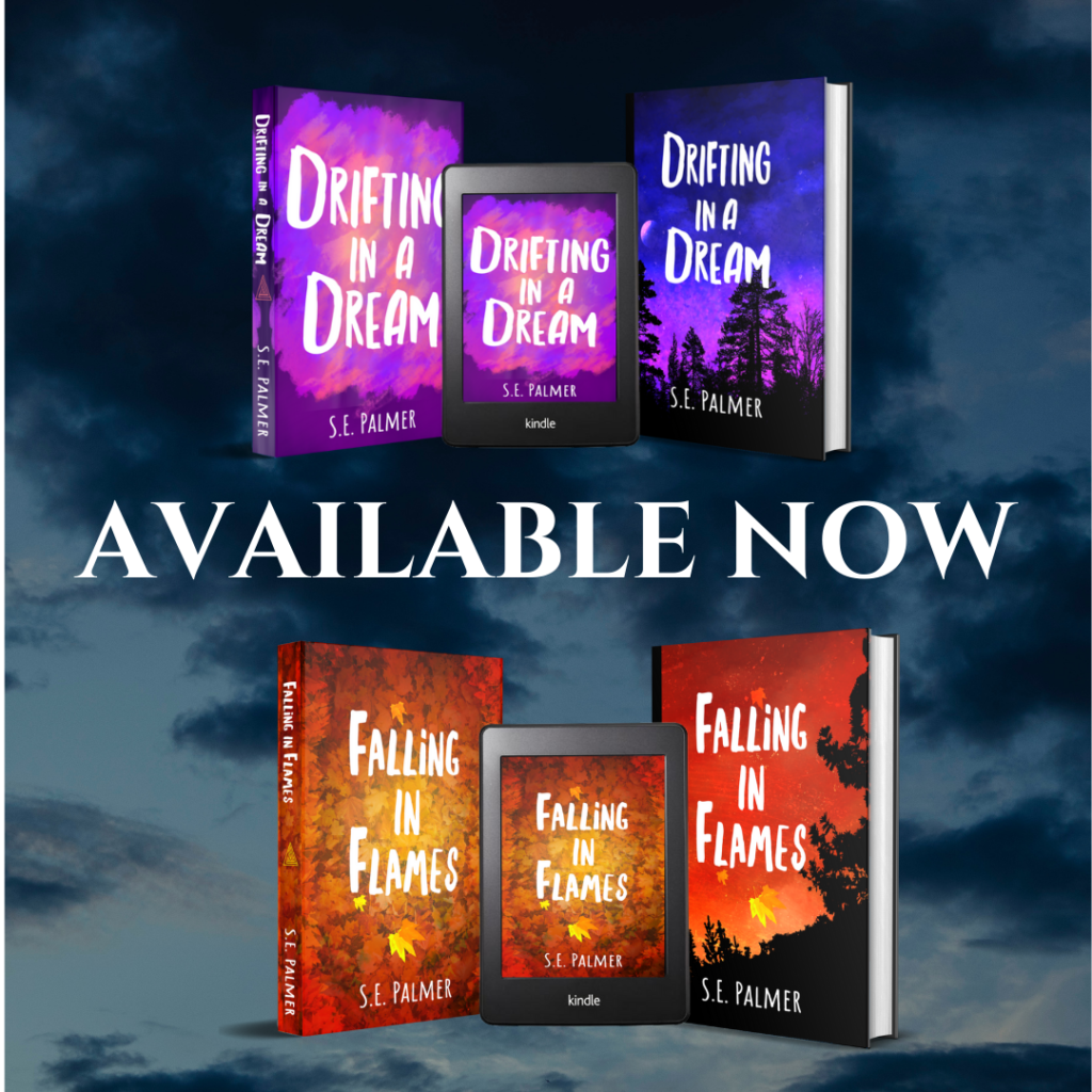 Mockup showing Drifting in a Dream and Falling in Flames available as paperback, Kindle and hardback books. A dark sky fills the background with text in the middle saying 'Available Now'