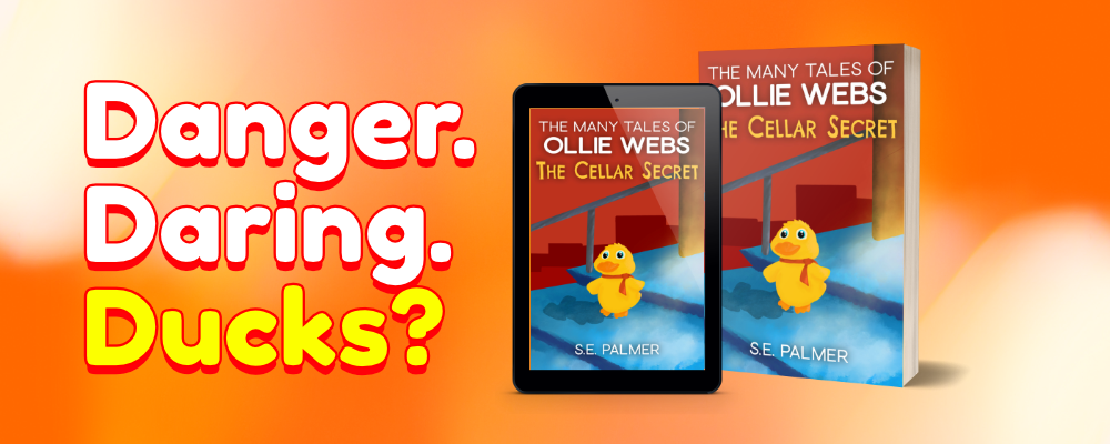 Danger, daring, ducks banner. Orange background with bold text and book mockup