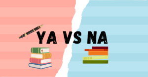 Image featuring two opposite pages in red and blue with stacks of books in front and the blog title YA vs NA in the centre